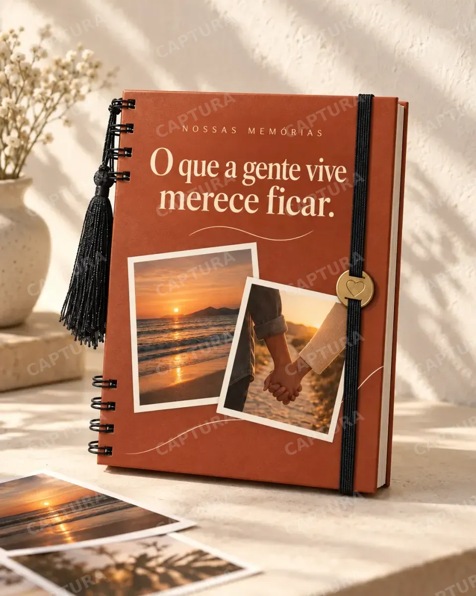 Exemplo de capa personalizada de fotolivro Premium terracota, com Wire-o, elástico, franjinha e tag